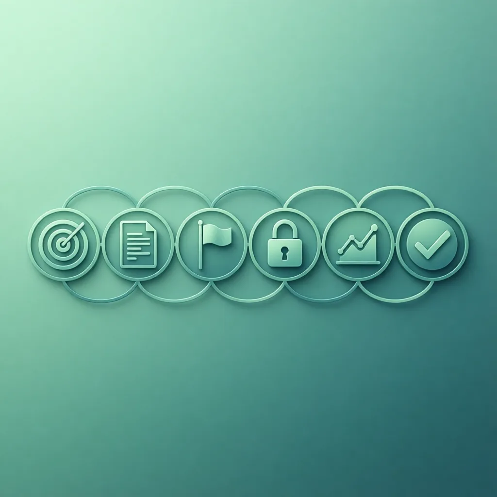 Ilustrasi alur transparansi: tujuan, aturan, milestone, keamanan, pantauan, verifikasi